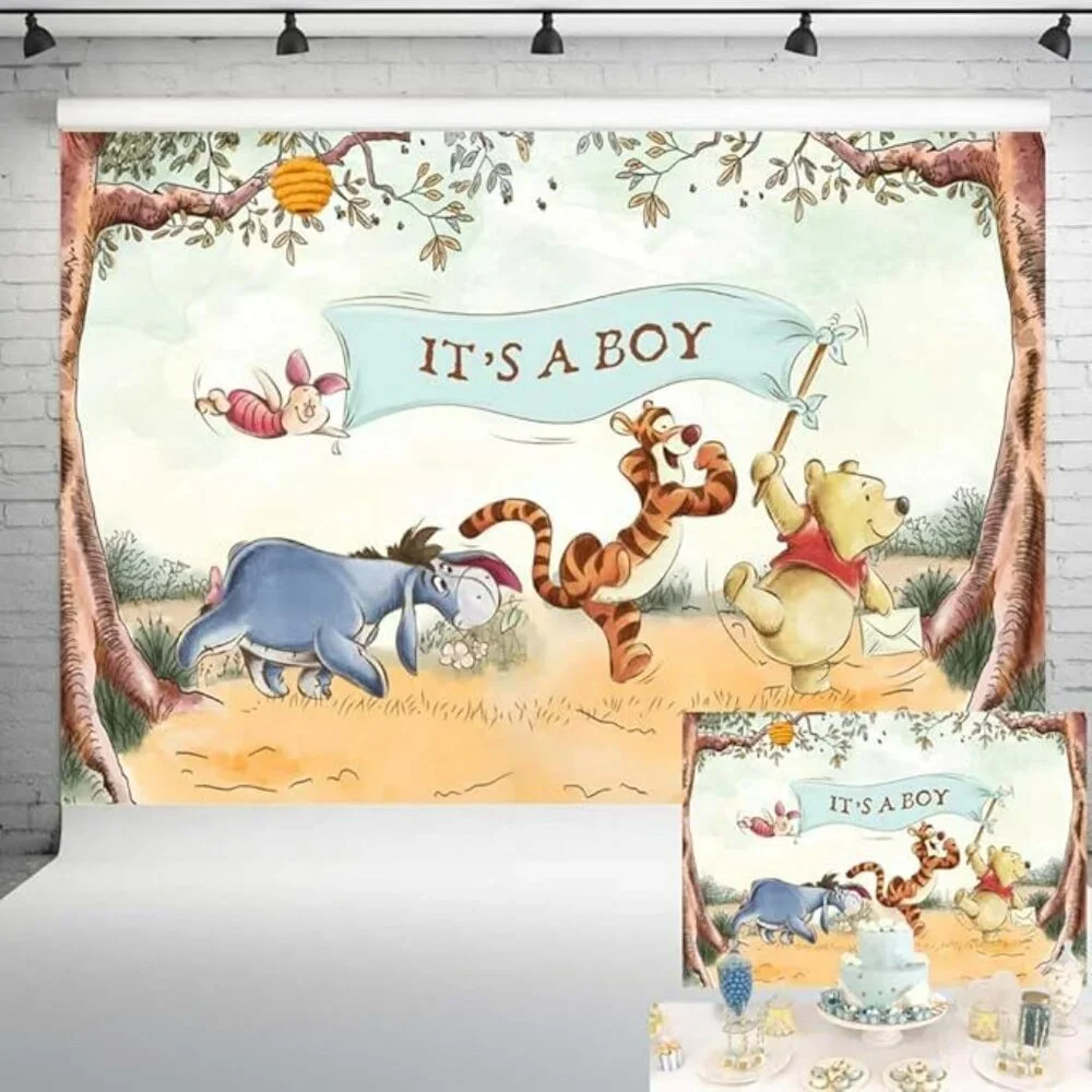 Pooh Bear It’s a Boy Baby Shower Backdrop – 7x5ft Banner for Party